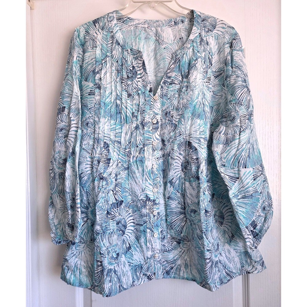 Chico's Linen Blend Seashell Print Pintuck Button 3/4 Sleeve Blouse Top Sz 3/XL